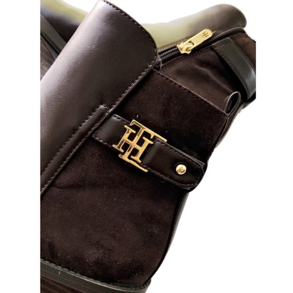 Tommy Hilfiger Irsela Brown Gold Ankle Zip Leather Booties - Picture 12 of 13